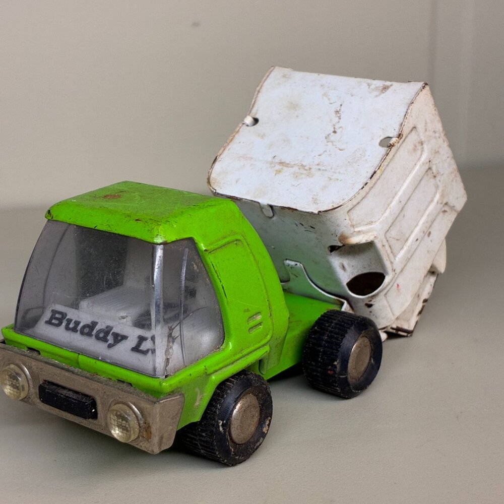 VINTAGE GREEN " BUDDY L " PRESSED STEEL TOY GARBAGE TRUCK